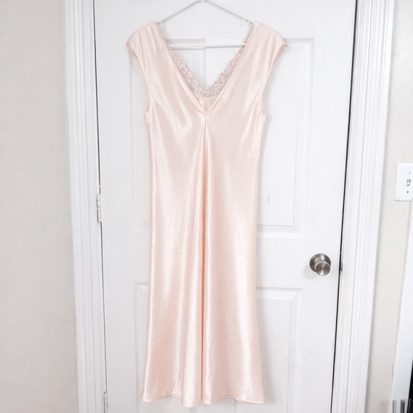 Oscar de la Renta Cream  Satin Nightgown Maxi Slip Dress Lace Trim Size S - Picture 3 of 9